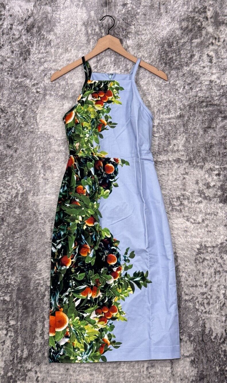 New Anthropologie Dress 0 Womens Maeve Baby Blue Orange Tree Floral Midi